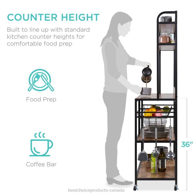 4LT2702 Brown/Black Best Choice Products Counter-Height Baker's Rack w/ Locking Wheels, Adjustable Feet