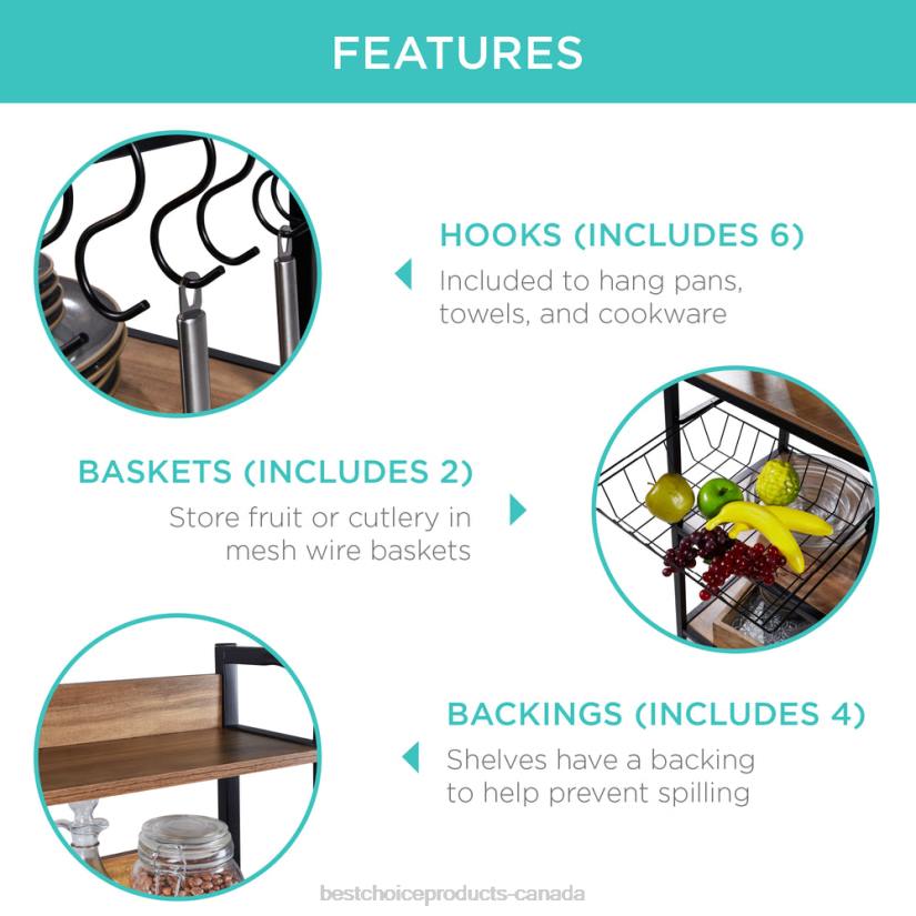 4LT2702 Brown/Black Best Choice Products Counter-Height Baker's Rack w/ Locking Wheels, Adjustable Feet