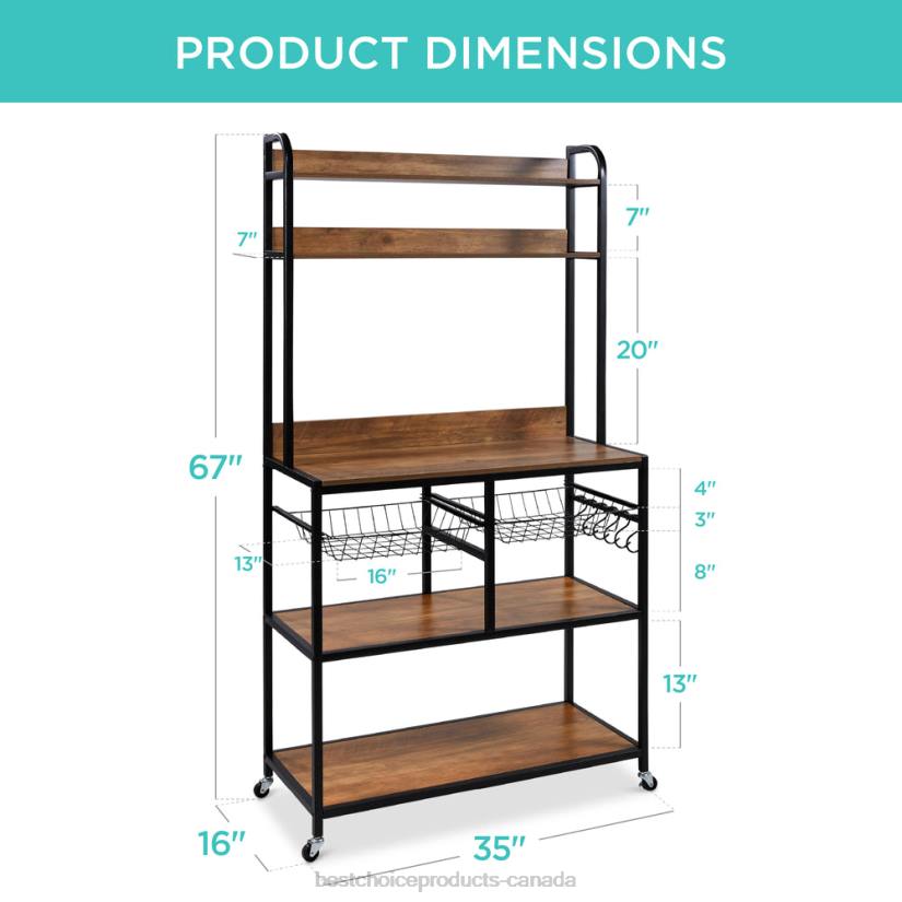 4LT2702 Brown/Black Best Choice Products Counter-Height Baker's Rack w/ Locking Wheels, Adjustable Feet