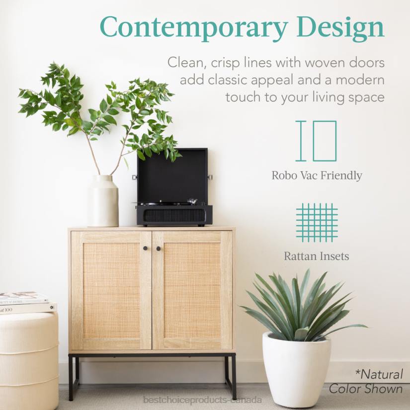 4LT21179 Natural Best Choice Products 2-Door Rattan Storage Cabinet Accent Furniture for Living Room w/ Foot Pads