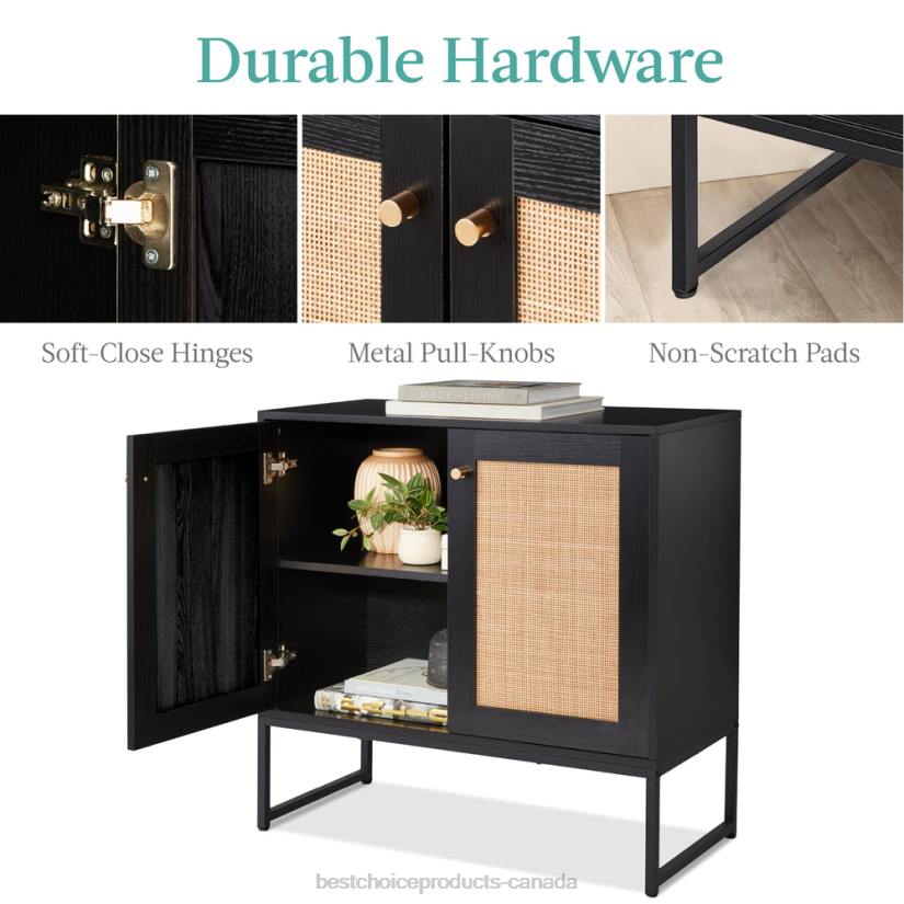 4LT21180 Black Best Choice Products 2-Door Rattan Storage Cabinet Accent Furniture for Living Room w/ Foot Pads