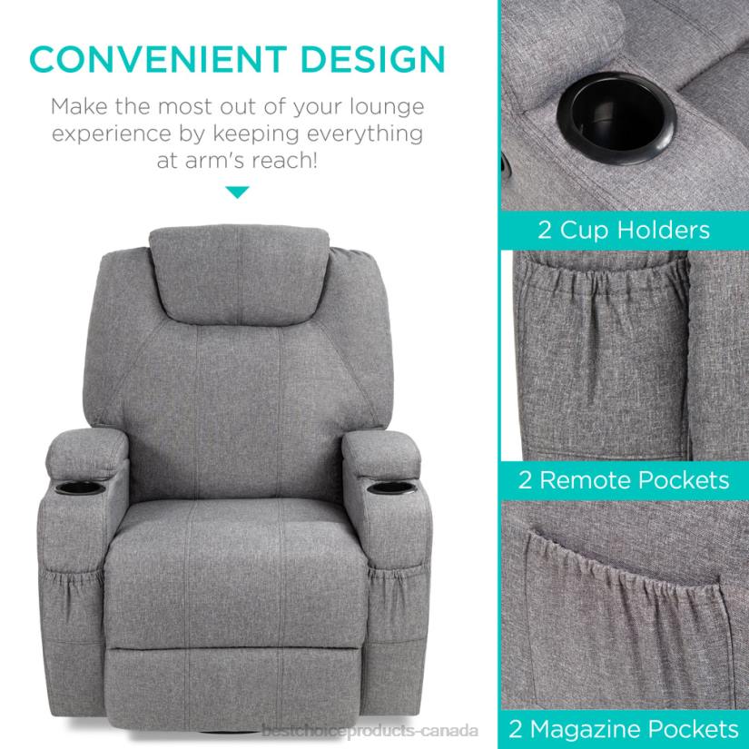 4LT21224 Gray Best Choice Products Linen Fabric Swivel Massage Recliner Chair w/ Remote Control, 5 Modes