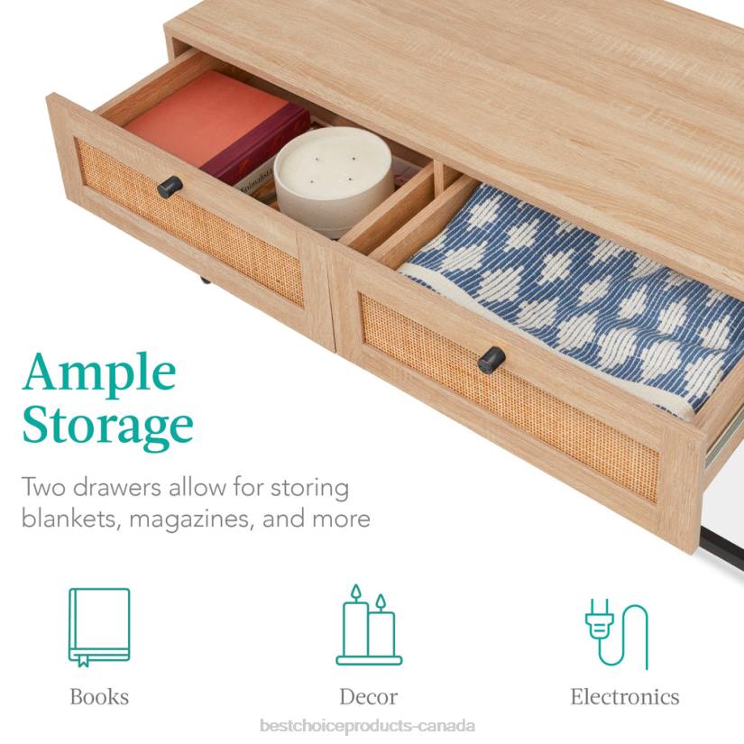 4LT21227 Light Walnut Best Choice Products 2-Drawer Rattan Coffee Table w/ Oak Wood Grain Finish, Metal Frame