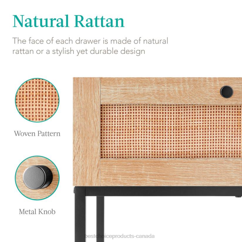 4LT21227 Light Walnut Best Choice Products 2-Drawer Rattan Coffee Table w/ Oak Wood Grain Finish, Metal Frame
