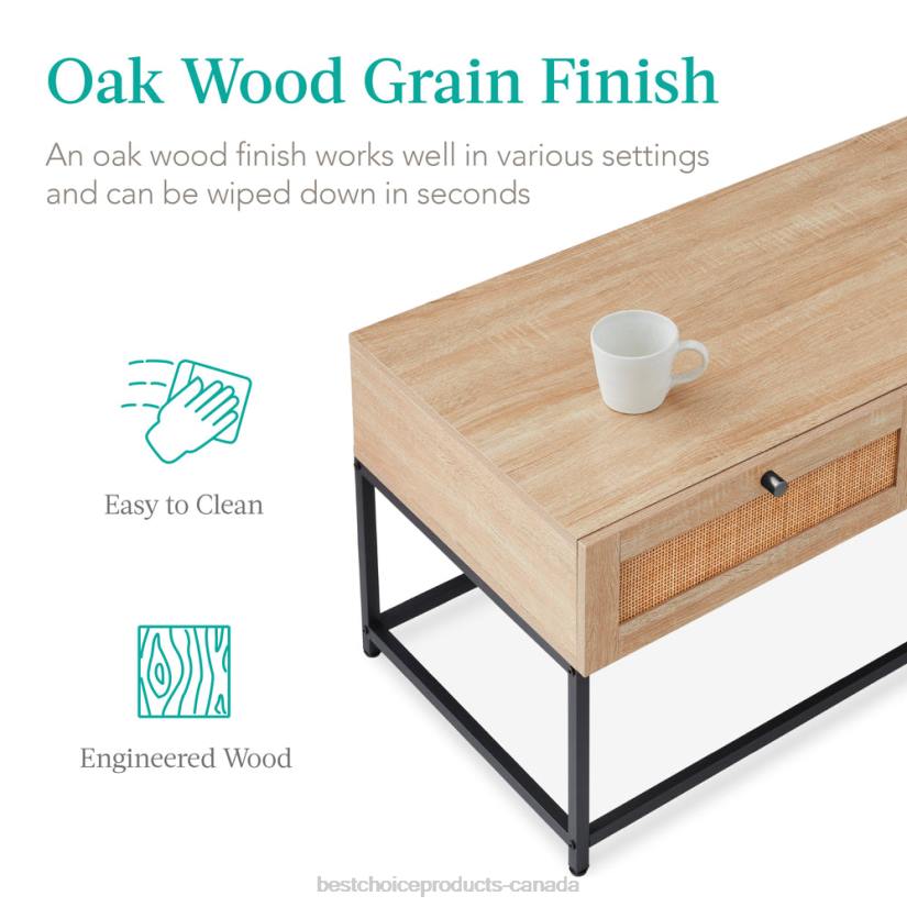 4LT21227 Light Walnut Best Choice Products 2-Drawer Rattan Coffee Table w/ Oak Wood Grain Finish, Metal Frame