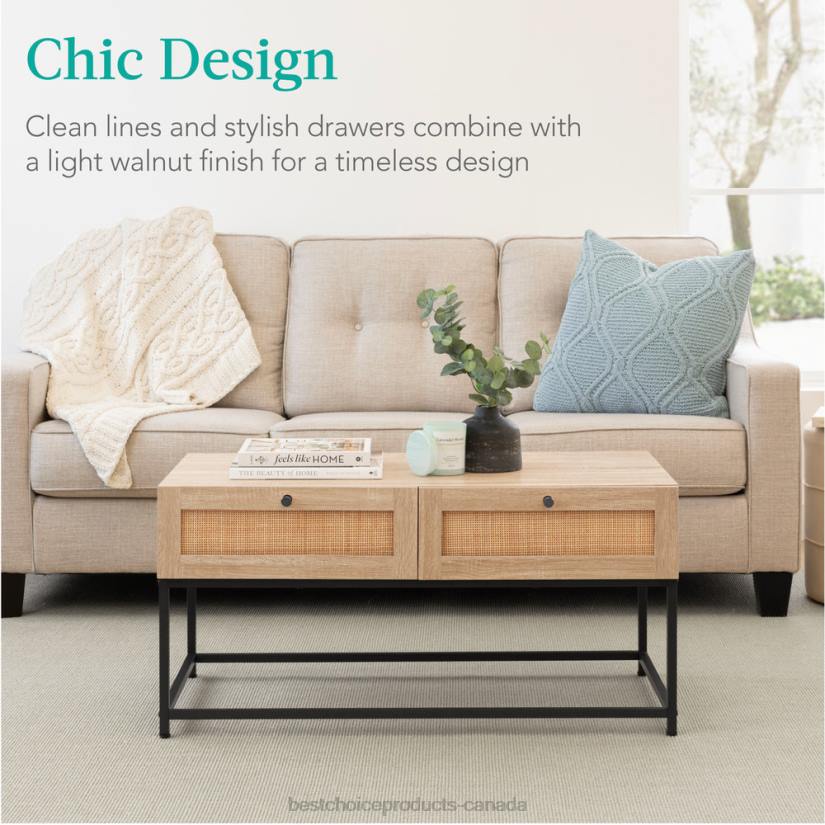 4LT21227 Light Walnut Best Choice Products 2-Drawer Rattan Coffee Table w/ Oak Wood Grain Finish, Metal Frame