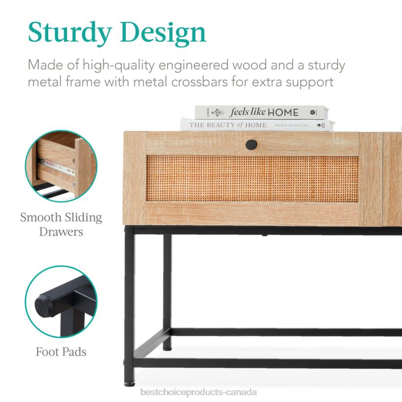 4LT21227 Light Walnut Best Choice Products 2-Drawer Rattan Coffee Table w/ Oak Wood Grain Finish, Metal Frame