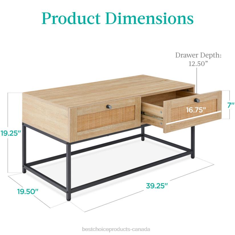 4LT21227 Light Walnut Best Choice Products 2-Drawer Rattan Coffee Table w/ Oak Wood Grain Finish, Metal Frame