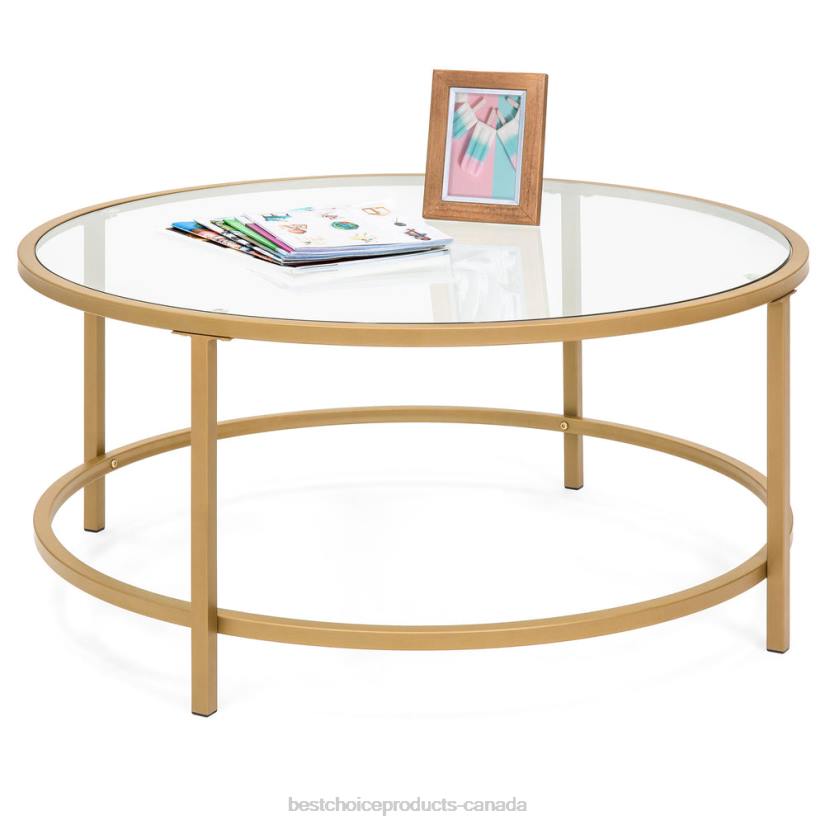 4LT21241 Gold Best Choice Products Round Tempered Glass Coffee Table w/ Steel Frame