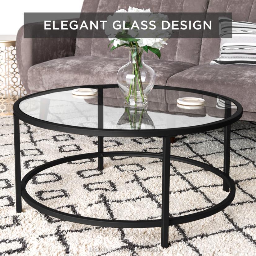 4LT21242 Black Best Choice Products Round Tempered Glass Coffee Table w/ Steel Frame