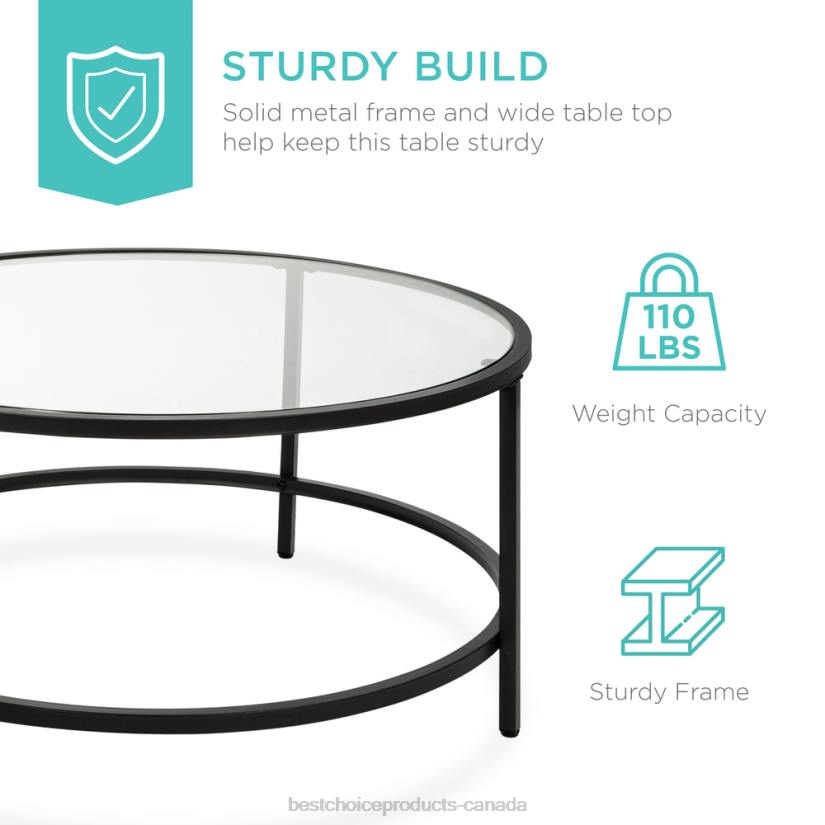 4LT21242 Black Best Choice Products Round Tempered Glass Coffee Table w/ Steel Frame