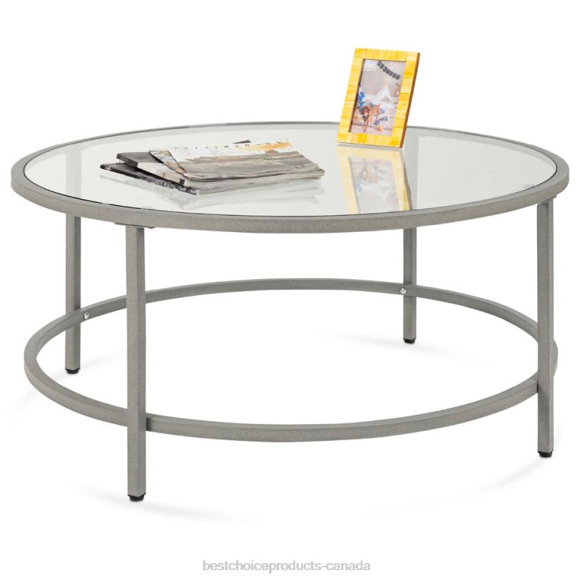 4LT21243 Gray Best Choice Products Round Tempered Glass Coffee Table w/ Steel Frame