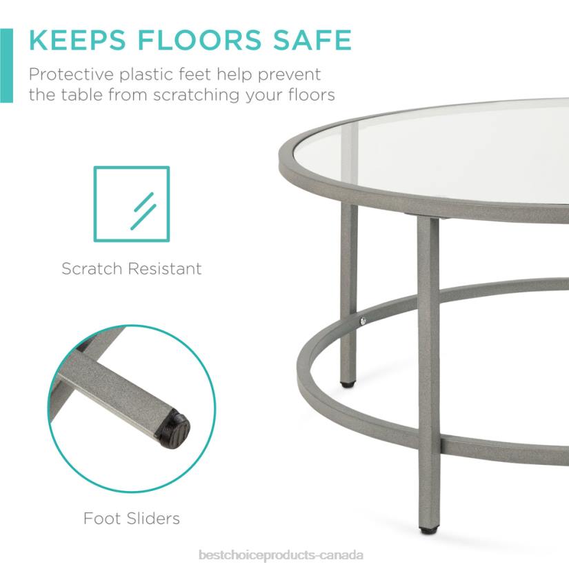 4LT21243 Gray Best Choice Products Round Tempered Glass Coffee Table w/ Steel Frame