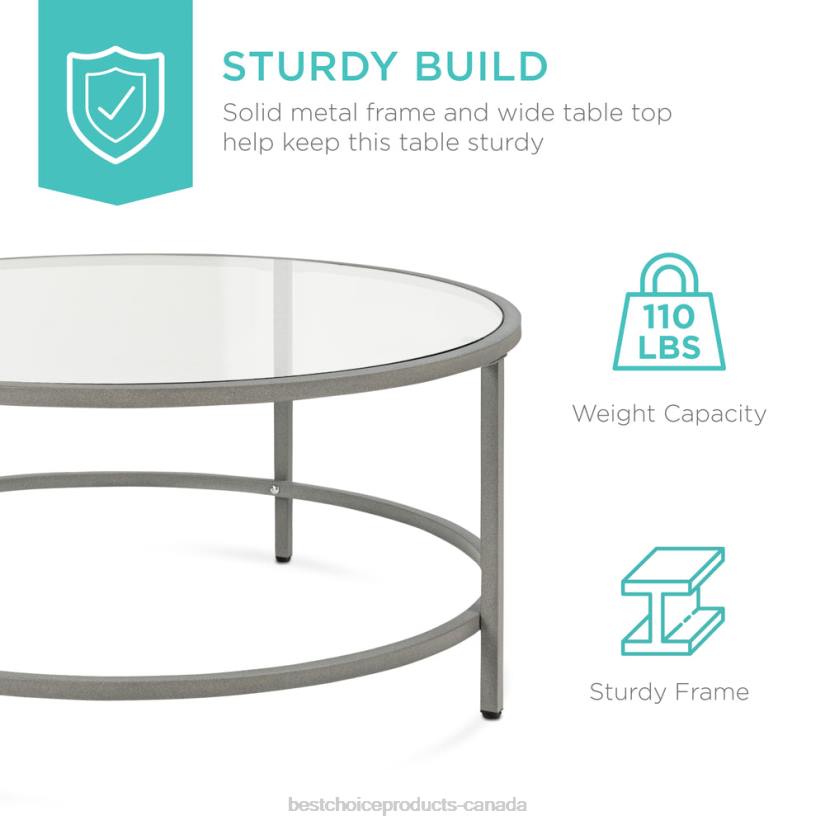 4LT21243 Gray Best Choice Products Round Tempered Glass Coffee Table w/ Steel Frame
