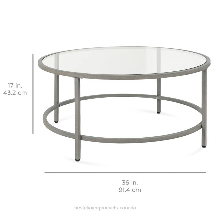 4LT21243 Gray Best Choice Products Round Tempered Glass Coffee Table w/ Steel Frame