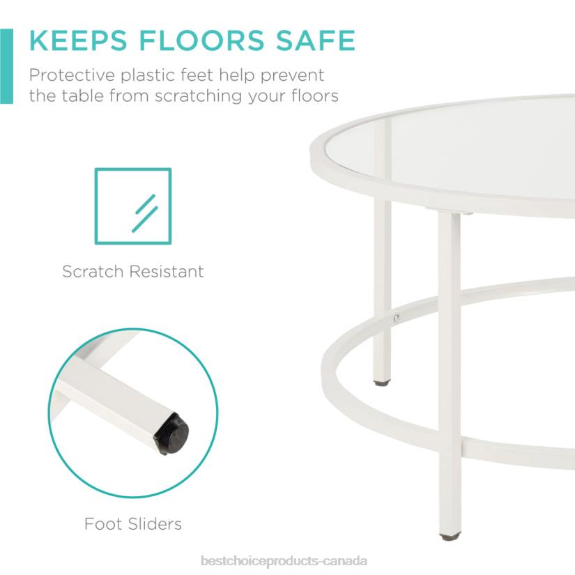 4LT21244 White Best Choice Products Round Tempered Glass Coffee Table w/ Steel Frame