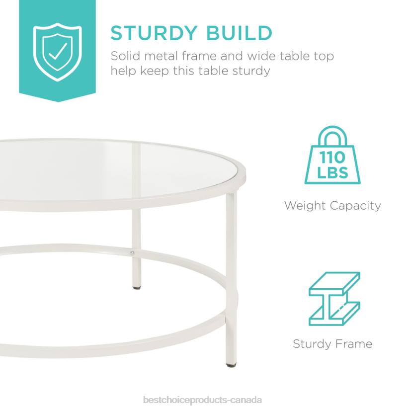 4LT21244 White Best Choice Products Round Tempered Glass Coffee Table w/ Steel Frame