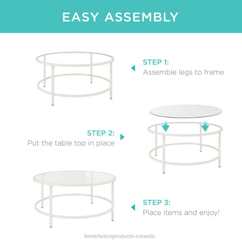 4LT21244 White Best Choice Products Round Tempered Glass Coffee Table w/ Steel Frame