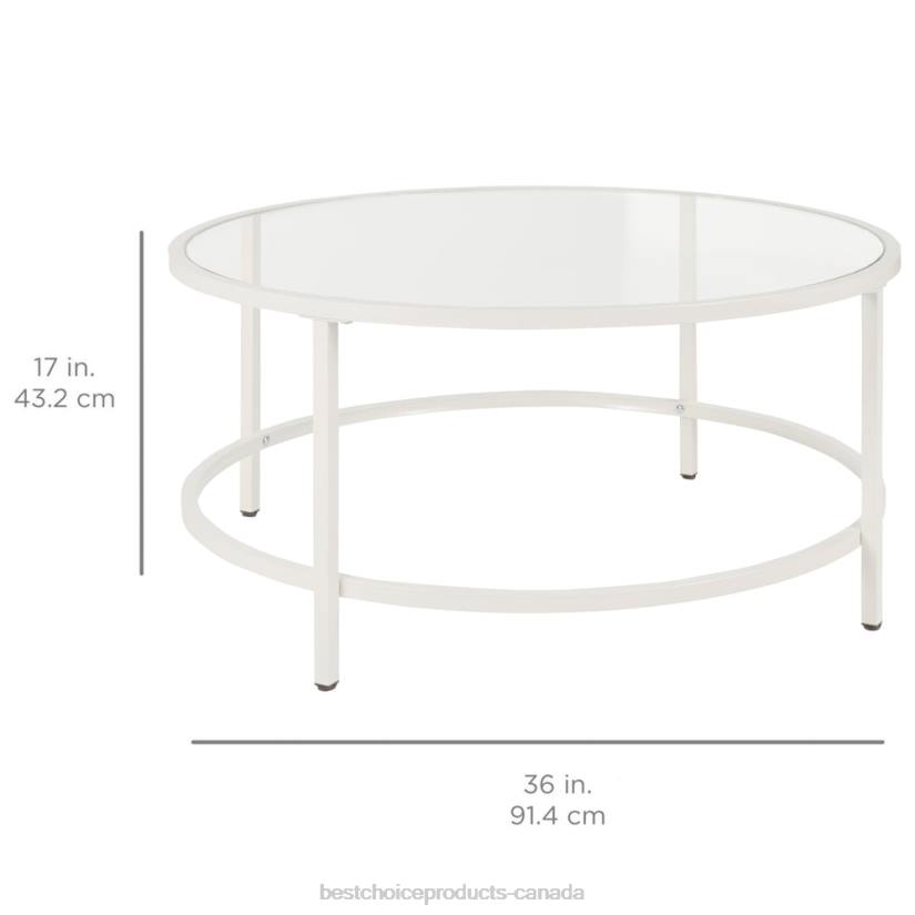 4LT21244 White Best Choice Products Round Tempered Glass Coffee Table w/ Steel Frame