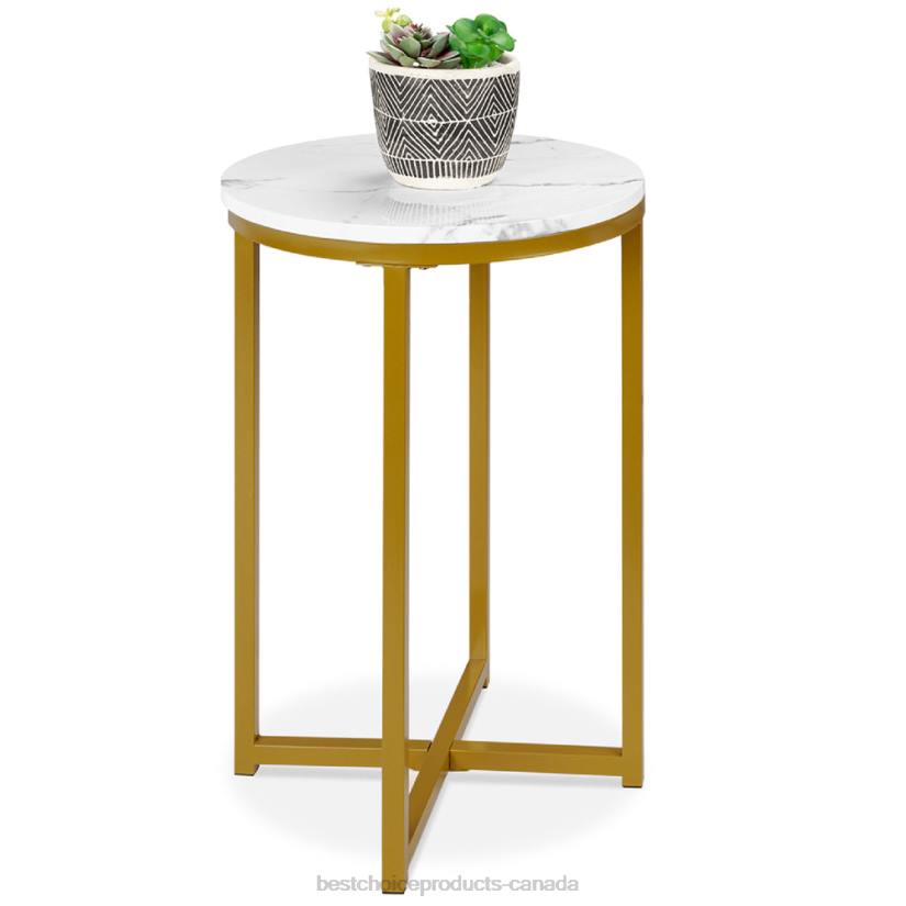 4LT21246 White/Bronze Gold Best Choice Products Round Coffee Side Table w/ Faux Marble Top, Metal Frame