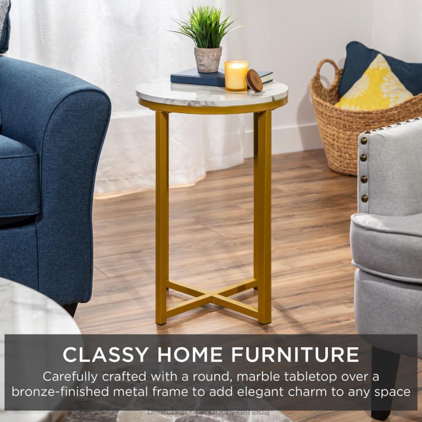 4LT21246 White/Bronze Gold Best Choice Products Round Coffee Side Table w/ Faux Marble Top, Metal Frame