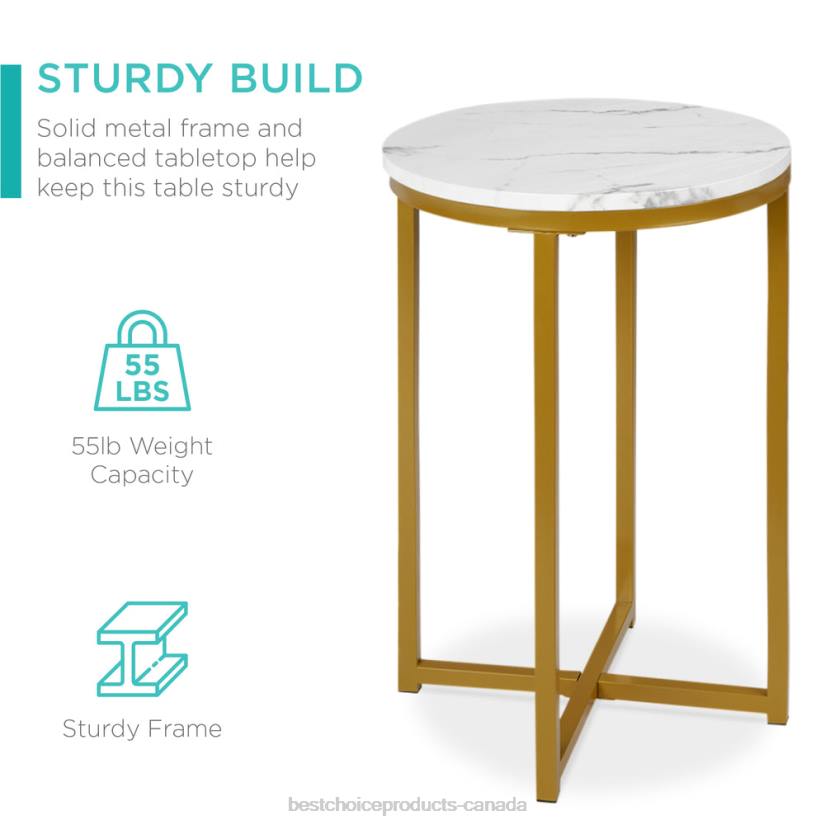 4LT21246 White/Bronze Gold Best Choice Products Round Coffee Side Table w/ Faux Marble Top, Metal Frame