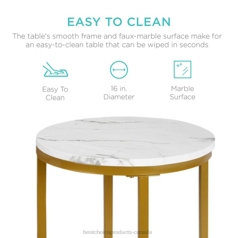 4LT21246 White/Bronze Gold Best Choice Products Round Coffee Side Table w/ Faux Marble Top, Metal Frame