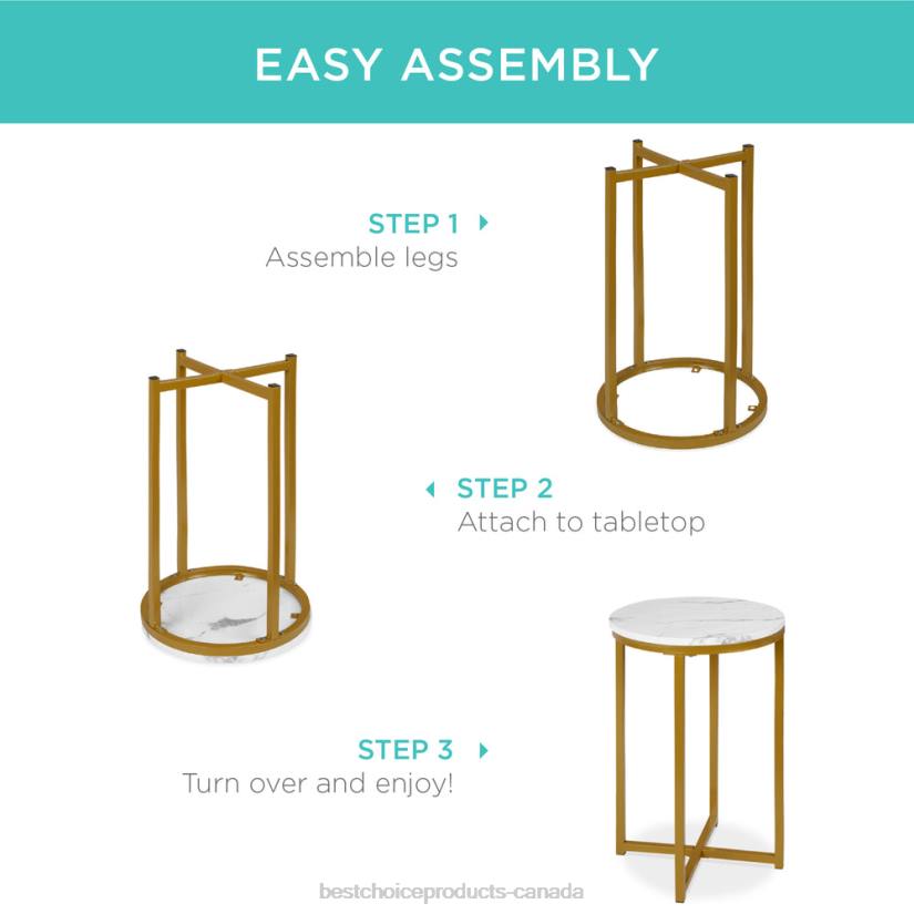 4LT21246 White/Bronze Gold Best Choice Products Round Coffee Side Table w/ Faux Marble Top, Metal Frame