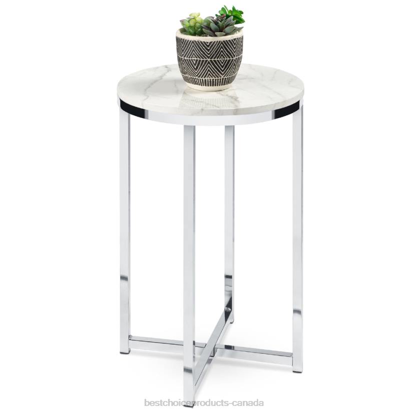 4LT21247 White/Chrome Best Choice Products Round Coffee Side Table w/ Faux Marble Top, Metal Frame