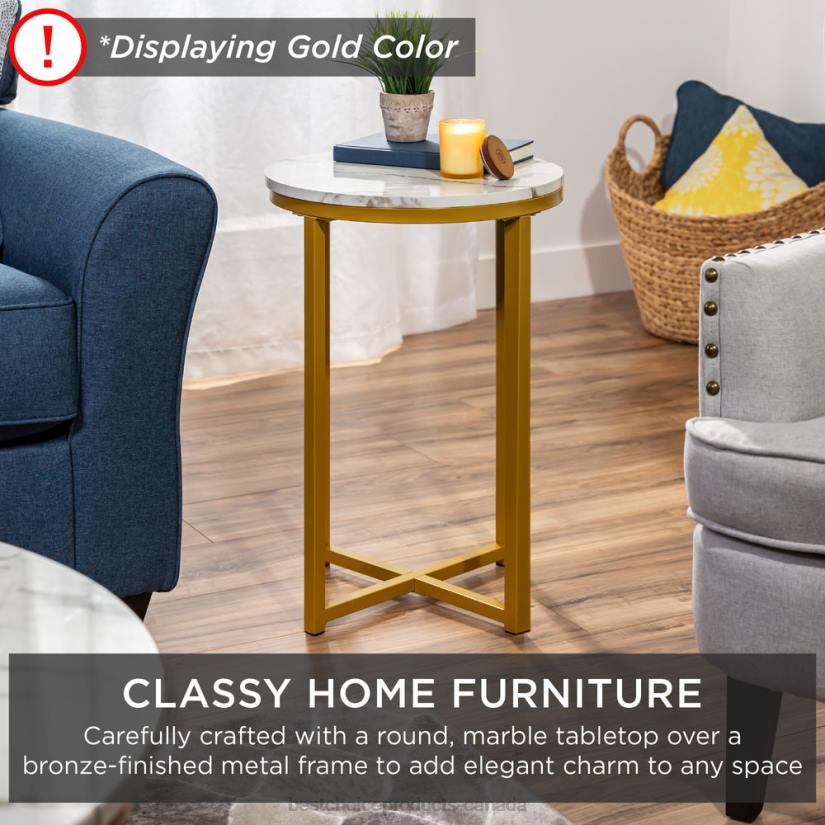 4LT21247 White/Chrome Best Choice Products Round Coffee Side Table w/ Faux Marble Top, Metal Frame