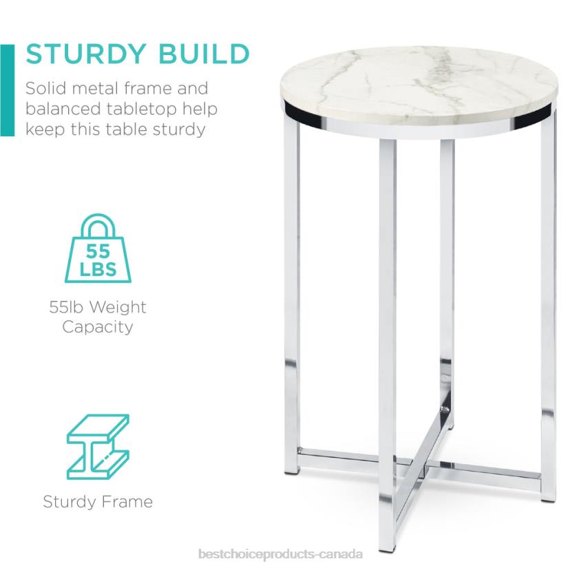 4LT21247 White/Chrome Best Choice Products Round Coffee Side Table w/ Faux Marble Top, Metal Frame