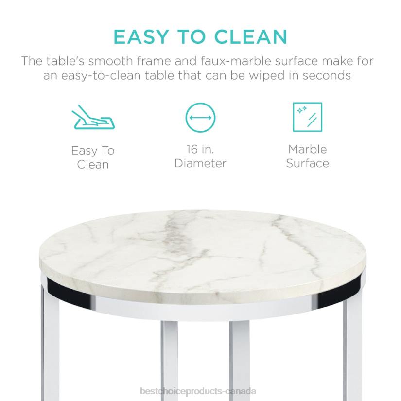 4LT21247 White/Chrome Best Choice Products Round Coffee Side Table w/ Faux Marble Top, Metal Frame