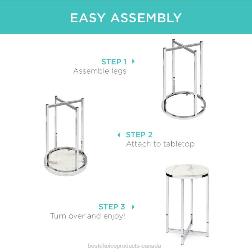 4LT21247 White/Chrome Best Choice Products Round Coffee Side Table w/ Faux Marble Top, Metal Frame