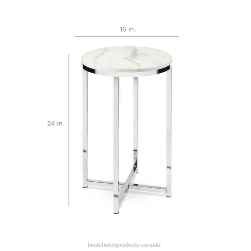 4LT21247 White/Chrome Best Choice Products Round Coffee Side Table w/ Faux Marble Top, Metal Frame