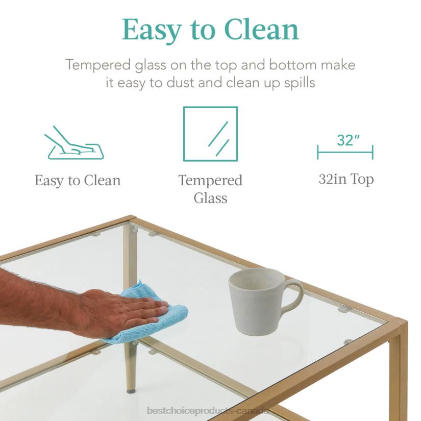 4LT21253 Gold Best Choice Products 2-Tier Large Square Coffee Table Living Room Accent w/ Glass Top