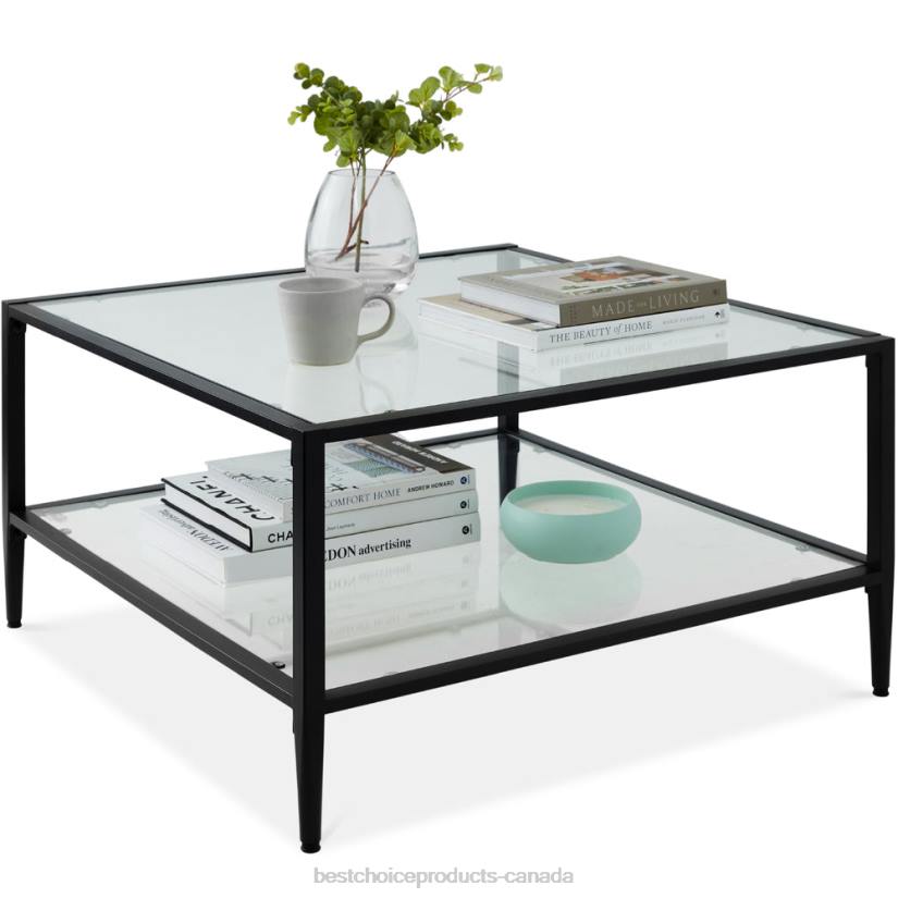 4LT21254 Black Best Choice Products 2-Tier Large Square Coffee Table Living Room Accent w/ Glass Top