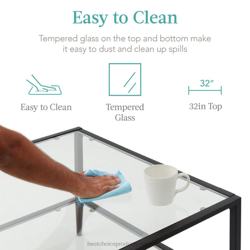 4LT21254 Black Best Choice Products 2-Tier Large Square Coffee Table Living Room Accent w/ Glass Top