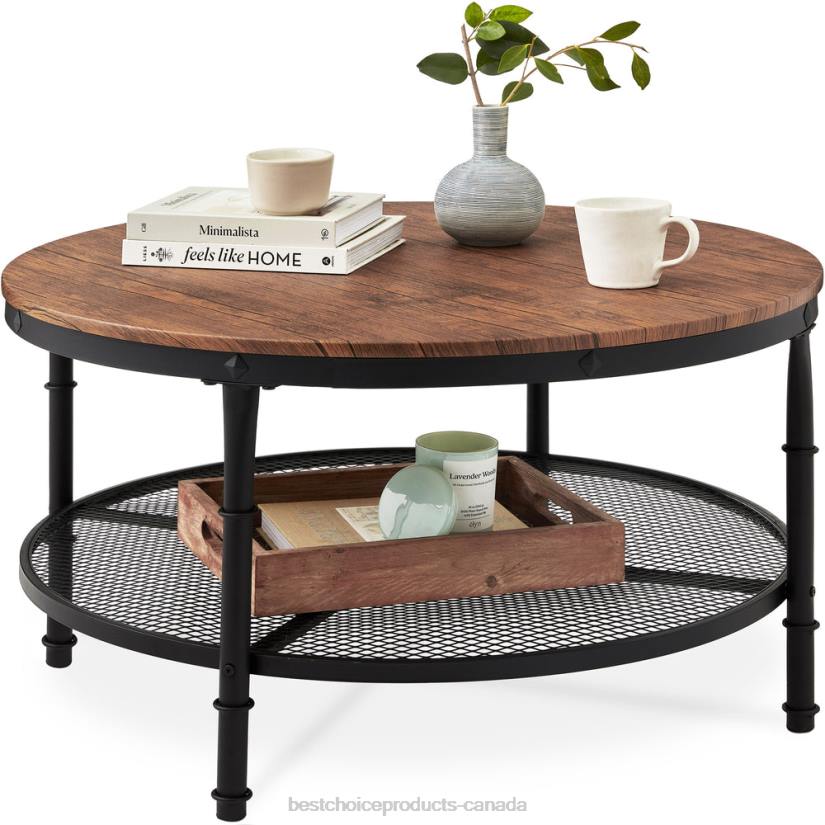 4LT2355 Brown Best Choice Products 2-Tier Round Industrial Wood & Steel Coffee Table, Storage Shelves