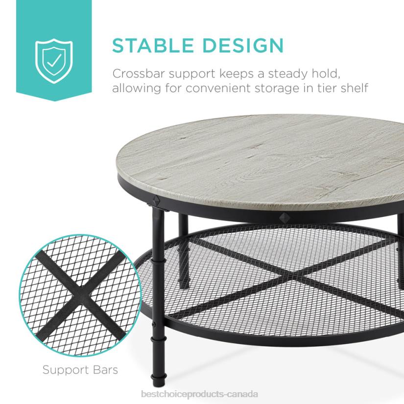 4LT2356 Gray Best Choice Products 2-Tier Round Industrial Wood & Steel Coffee Table, Storage Shelves