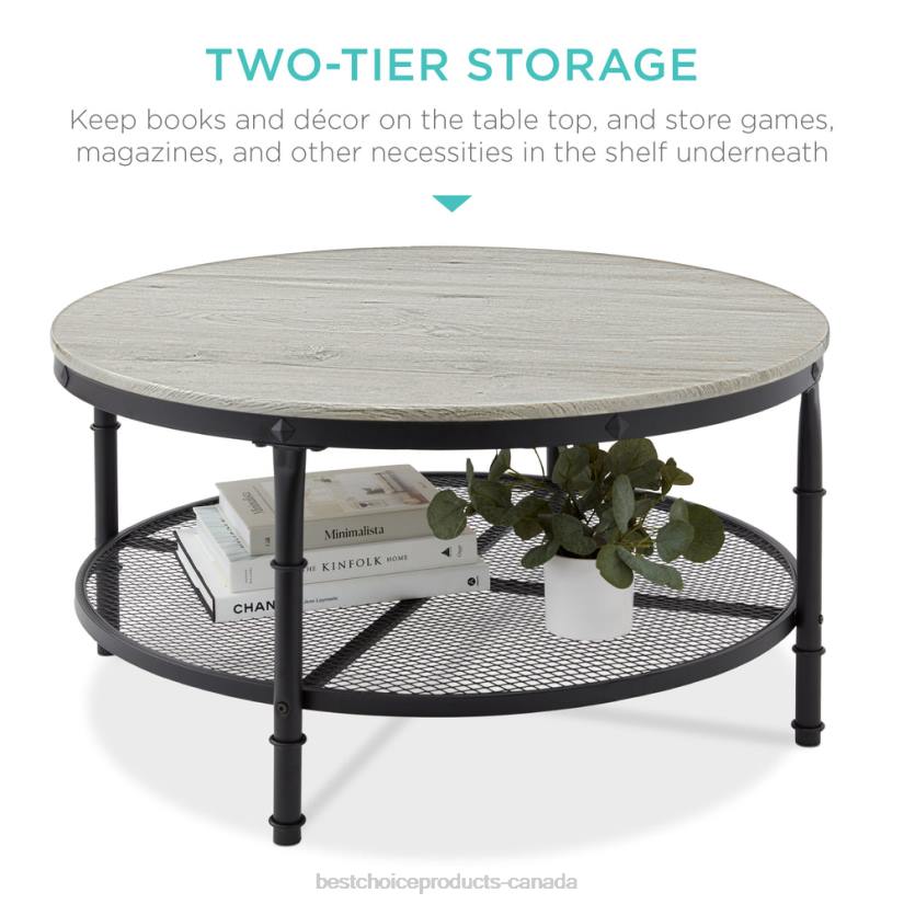 4LT2356 Gray Best Choice Products 2-Tier Round Industrial Wood & Steel Coffee Table, Storage Shelves