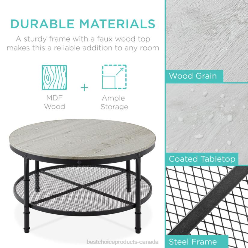 4LT2356 Gray Best Choice Products 2-Tier Round Industrial Wood & Steel Coffee Table, Storage Shelves