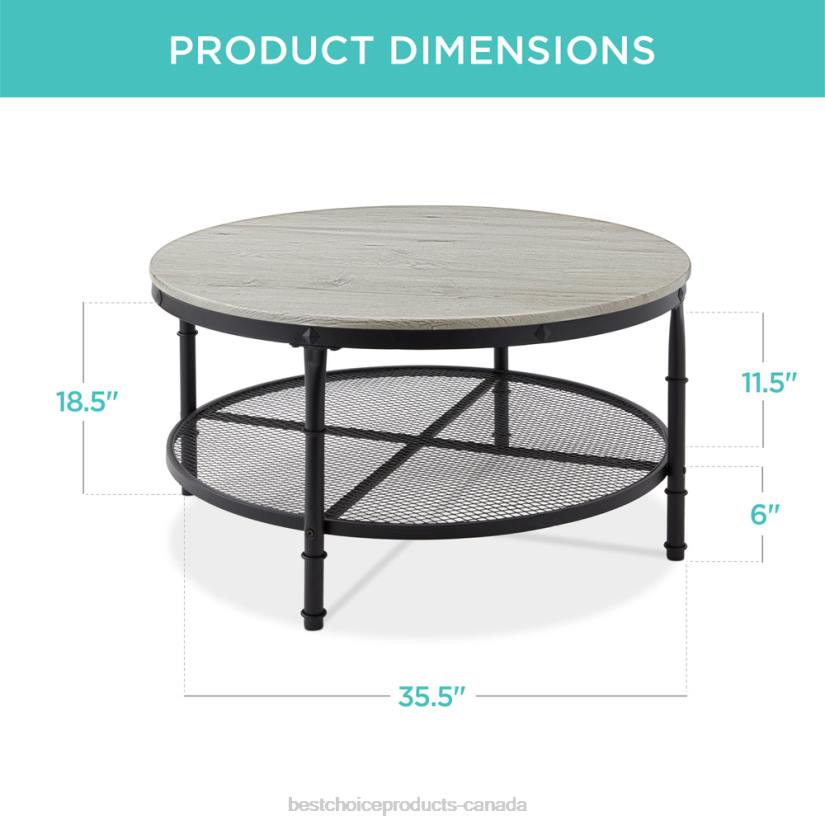 4LT2356 Gray Best Choice Products 2-Tier Round Industrial Wood & Steel Coffee Table, Storage Shelves
