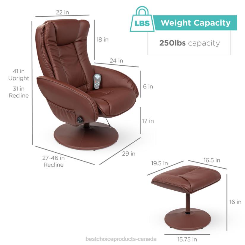 4LT2359 Brown Best Choice Products Faux Leather Electric Massage Recliner Chair w/ Stool Ottoman, Remote