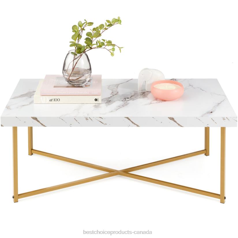 4LT2362 White/Bronze Gold Best Choice Products Rectangular Coffee Table w/ X-Base, Faux Marble Top, Non-Scratch Feet