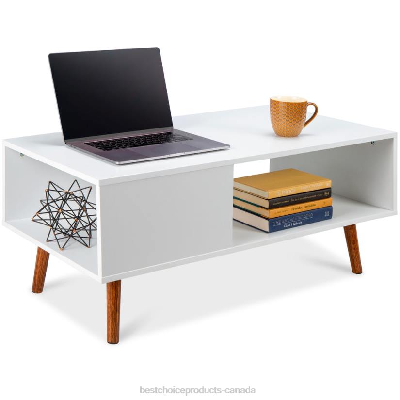 4LT2370 White Best Choice Products Wooden Mid-Century Modern Coffee Accent Table w/ Open Storage Shelf