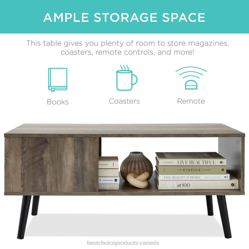 4LT2372 Gray Oak Best Choice Products Wooden Mid-Century Modern Coffee Accent Table w/ Open Storage Shelf