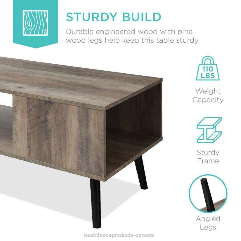 4LT2372 Gray Oak Best Choice Products Wooden Mid-Century Modern Coffee Accent Table w/ Open Storage Shelf