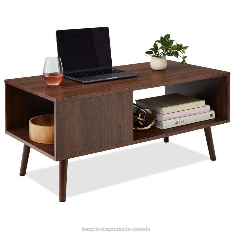 4LT2373 Walnut Best Choice Products Wooden Mid-Century Modern Coffee Accent Table w/ Open Storage Shelf