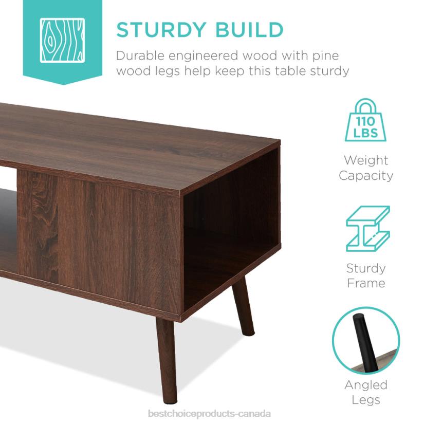 4LT2373 Walnut Best Choice Products Wooden Mid-Century Modern Coffee Accent Table w/ Open Storage Shelf