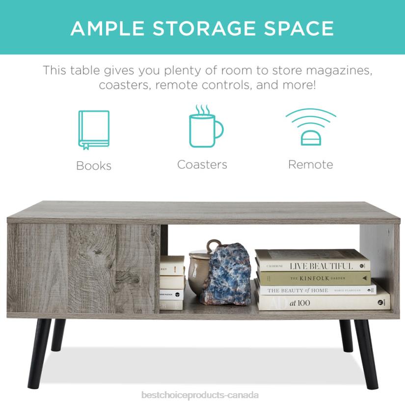 4LT2374 Gray Best Choice Products Wooden Mid-Century Modern Coffee Accent Table w/ Open Storage Shelf